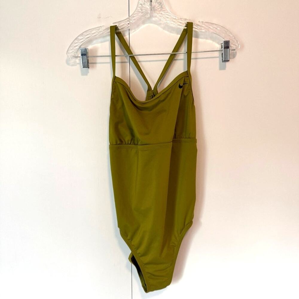 Nike Women's One Piece Swimsuit M Olive Green Strappy Back Swoosh Swimwear